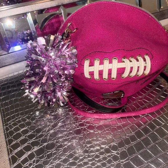 Betsey Johnson Pink Football purse with Sparkly Pom-Poms - Picture 10 of 11